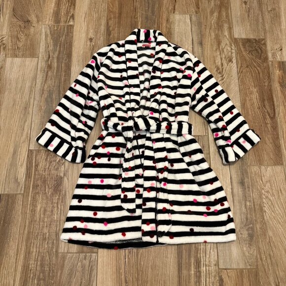 Kate Spade LS Short Robe Black Stripe Confetti Dots Plush Velour Pocket - Picture 2 of 7